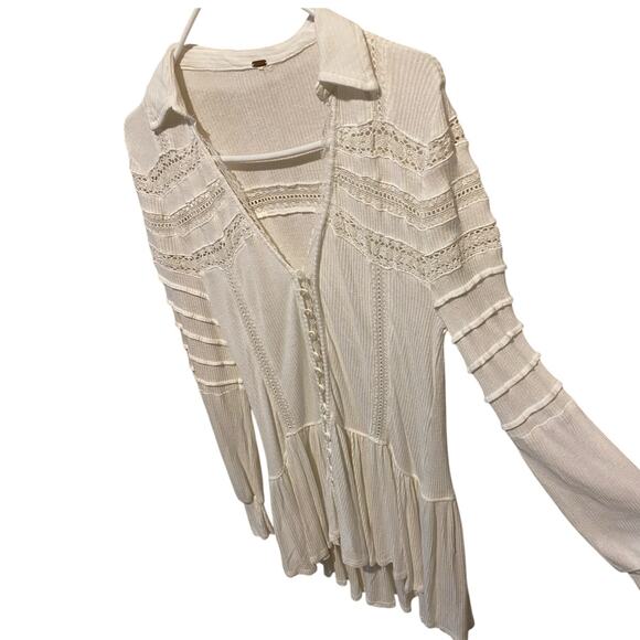 Free People Set to Stun Tunic Top Small White Lace Cotton Linen Cottage Boho - Picture 8 of 15